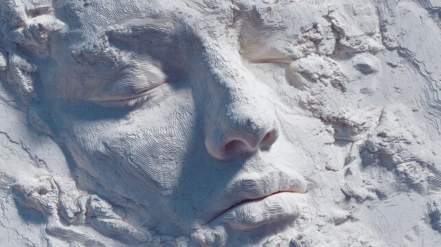 Face emerging from white stone relief.