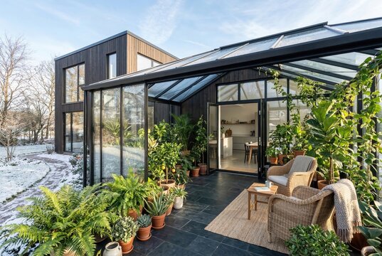 Passive solar greenhouse addition with open wooden door in winter yard