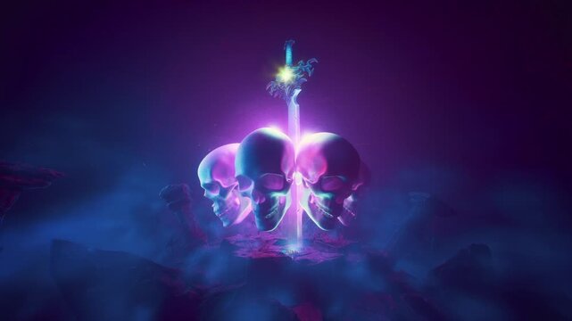 Circle Of Stylized Human Skulls Rotating Around Glowing Magic Sword 3D Loop
