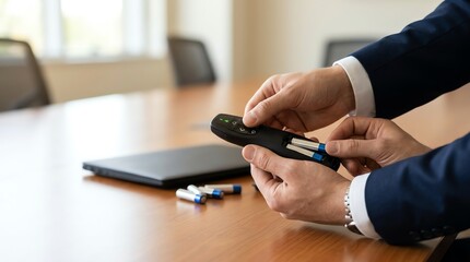 Fototapeta premium Executive hands in a professional suit replacing batteries in a wireless remote on a corporate boardroom table