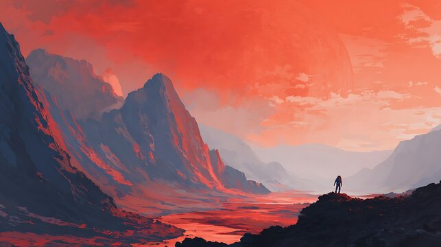 Lone astronaut standing on a rocky cliff overlooking a red alien planet landscape with mountains
