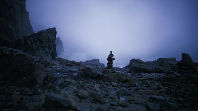 Lone cairn between jagged cliffs, coastal waypoint overlooking misty inlet, rugged terrain with scattered boulders, cool blue palette, sense of remote adventure