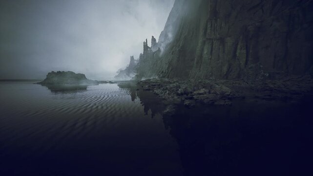 Abandoned fishing cove under thick mist, rusted pier remnants and jagged rocks frame tidal pools, muted color and soft haze convey melancholic heritage