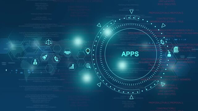 Digital technology interface with apps hud overlay, global network data connection, futuristic software development and cyber security background