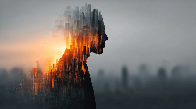 Double Exposure Silhouette with Financial Graphs and Futuristic Cityscape - Conceptual image representing business innovation analytics and urban growth