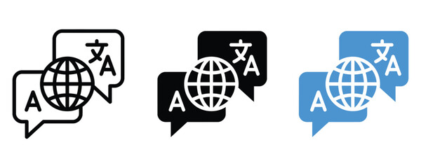 Language translation speech bubble and globe icon set with language translation communication translator linguistic dialogue interpretation international learning education character © Eps World