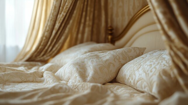 close up of luxury bedroom in mansion with canopy bed and textured fabrics, soft golden light, hyperrealistic, crisp focus generative ai