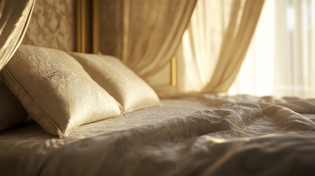 close up of luxury bedroom in mansion with canopy bed and textured fabrics, soft golden light, hyperrealistic, crisp focus generative ai