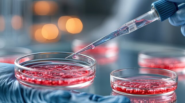 Scientist using pipette in laboratory. Researcher analyzing red samples in petri dishes.