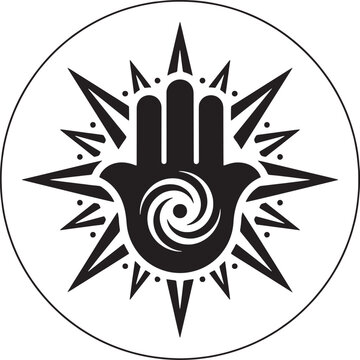 Black and white of a hamsa hand symbol with a central spiral, inside a circular sunburst frame, isolated on a white background