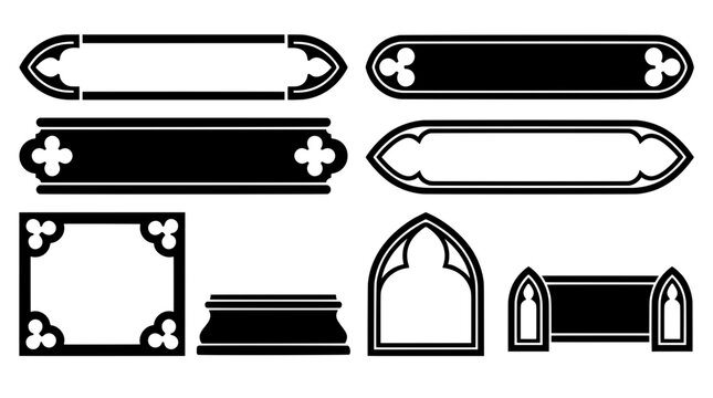 Black and white gothic stencil stream overlay elements featuring medieval UI banners, trefoil frames, and pointed arch text boxes for game GUI design