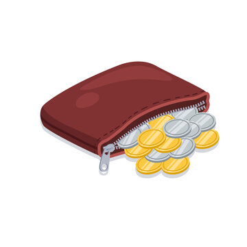  vector illustration of an open dark red leather zipper wallet overflowing with gold and silver coins isolated on a white background