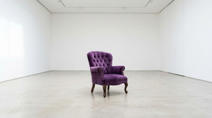 Fototapeta premium Luxury purple velvet armchair in minimalist white studio. Elegant tufted upholstered seating for high-end interior design.