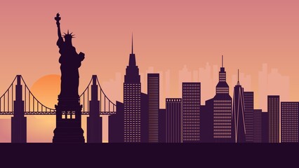Statue of Liberty and New York City Skyline Silhouette at Sunset © Perdani