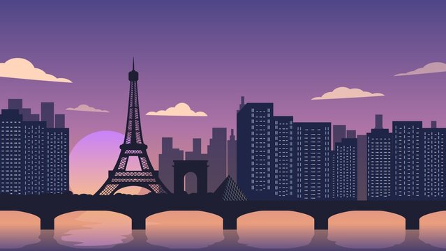 Paris Skyline Silhouette at Dusk with Eiffel Tower and Modern Buildings