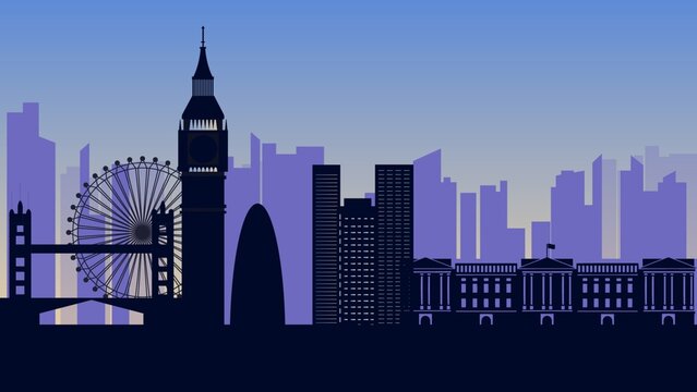 London Skyline Silhouette at Dusk - Big Ben, London Eye, Tower Bridge