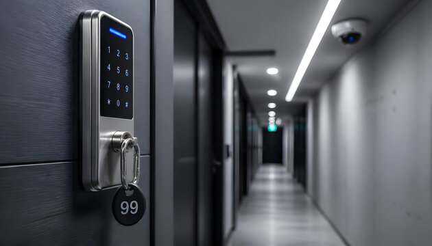 Electronic Door Lock with Keypad in Modern Hotel Corridor