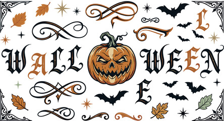 Vintage Halloween typography collection featuring spooky pumpkin, gothic lettering, bats, autumn leaves and ornamental flourishes in retro vector illustration style © Shekhor studioBD