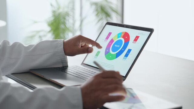 ノートパソコンとタブレットPCを使って作業する白衣の男性。科学、研究、開発、医療、医師、グラフ、分析