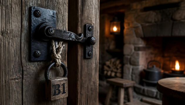 Rustic Wooden Door with Padlock and Fireplace Background
