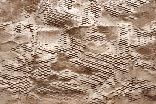Eco-friendly honeycomb paper wrap, sustainable packaging material for protective shipping, abstract brown kraft paper texture background.