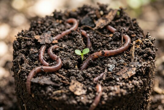 Vermicompost mound with earthworms and a small green plant sprout growing in rich soil