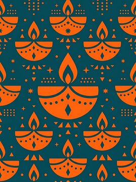 Diwali seamless pattern with orange oil lamps on a teal background