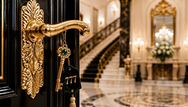 Golden Door Handle with Key in Luxury Hotel Lobby Interior