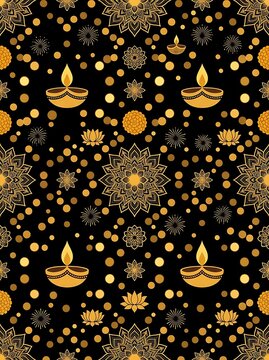 Festive diwali pattern with golden oil lamps and mandalas on black