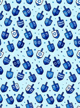 Hanukkah festive pattern with blue dreidels and stars of david