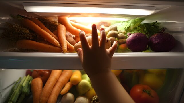 Child reaching for fresh vegetables inside open refrigerator.