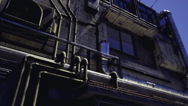 Dramatic rooftop silhouette and HVAC profile, backlit units and water tank with ladder, cinematic color grading and rooftop survey context, deep blue dusk sky