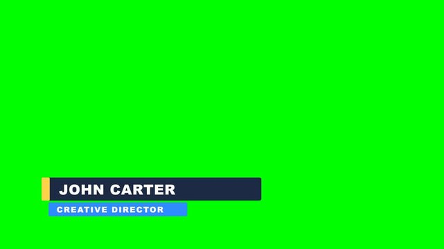 4K green screen LOWER THIRD - a broadcast name and title lower third slides in, evergreen motion graphics broadcast overlay for video editors, chroma key