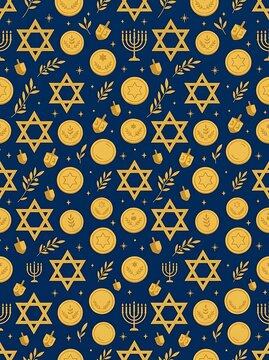 Gold hanukkah symbols seamless pattern on navy blue background
