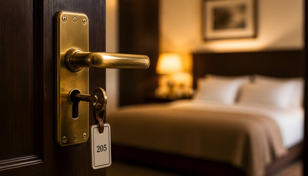 Hotel Room Door with Key Card and Brass Handle