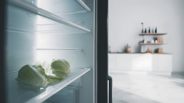 Fresh lettuce inside open refrigerator with modern kitchen background.