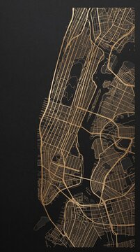 Elegant golden New York City map illustration showing urban street grid and river details on minimalist black background