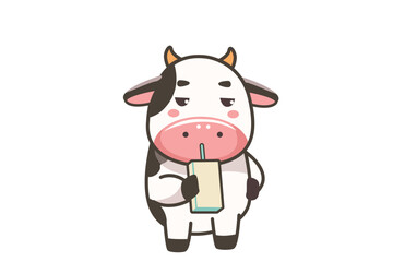 Naklejka premium Flat cow character drinking milk from carton education learning