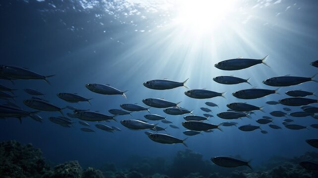 School of small fish swimming in clear blue ocean water with bright sun rays shining from above