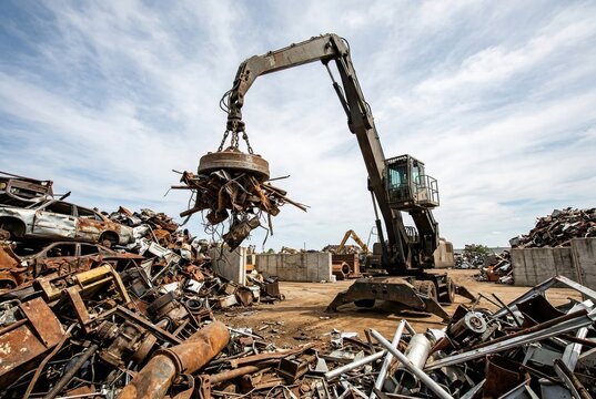 Scrap metal processing facility featuring a heavy duty magnetic crane unit
