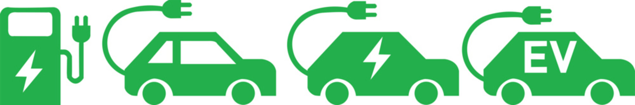 Electric Vehicle Charging Icons Set | Green EV, Hybrid Car, Battery Charging, Eco Transport Vector Illustration