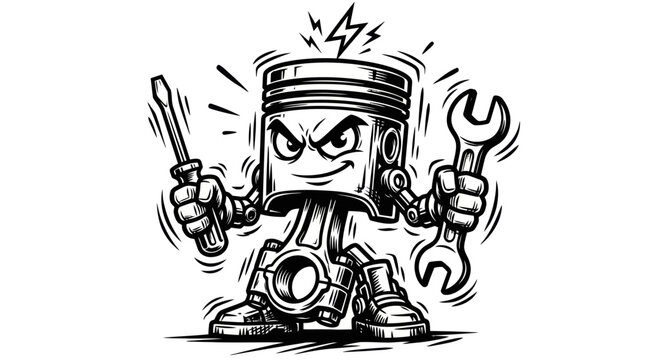 Angry engine piston mascot holding wrench and screwdriver cartoon illustration