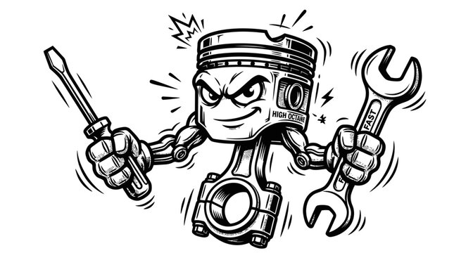 Angry engine piston mascot holding wrench and screwdriver mechanical illustration
