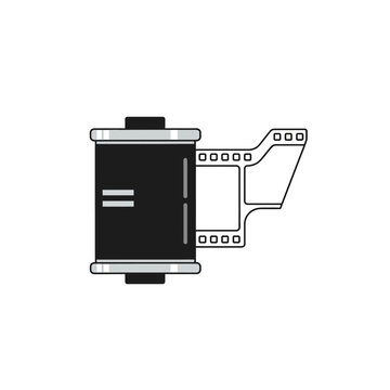 Minimalist vector illustration of a vintage 35mm photographic film roll canister icon design for photography and media projects