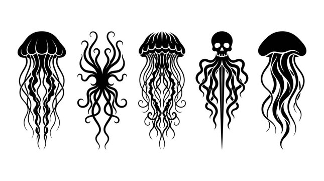 Black jellyfish silhouettes including stylized gothic skull and tentacle designs.