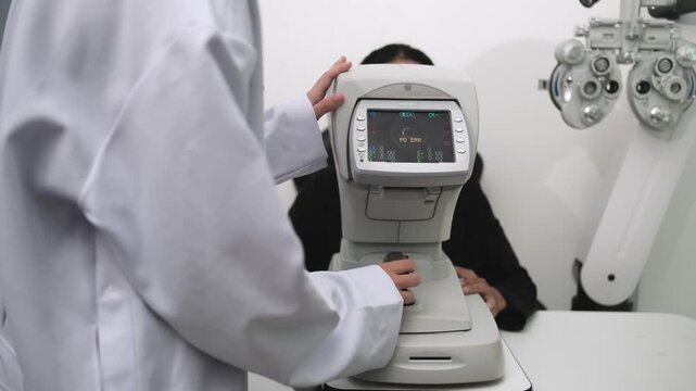 Close-up, refractometer device screen, patient eye exam, vision and eyesight improvement by expert optometrist, diagnostic for eyeglasses lens, professional technology services in optical clinic.
