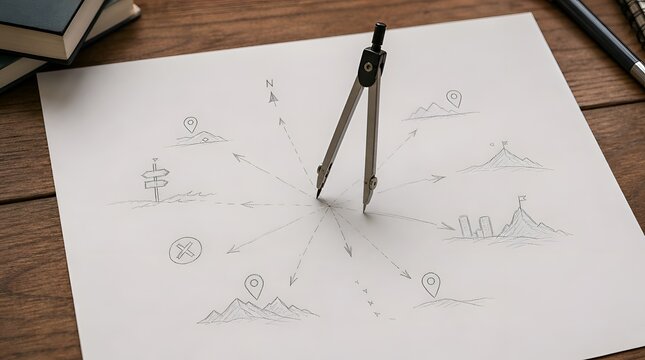 Drafting Compass Tool on Paper with Hand Drawn Map Strategy Including Mountains and Navigation Icons