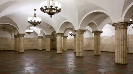 Obraz premium Ornate Chandeliers Illuminate Grand Underground Hall with Arched Ceilings and Columns