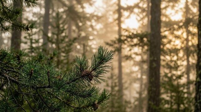 Tranquil Forest Scene with Pine Tree Branches.