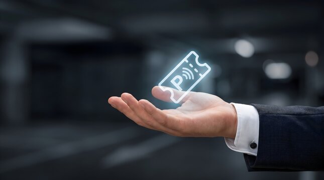 Modern office scene featuring digital contactless ticket icon above open hand